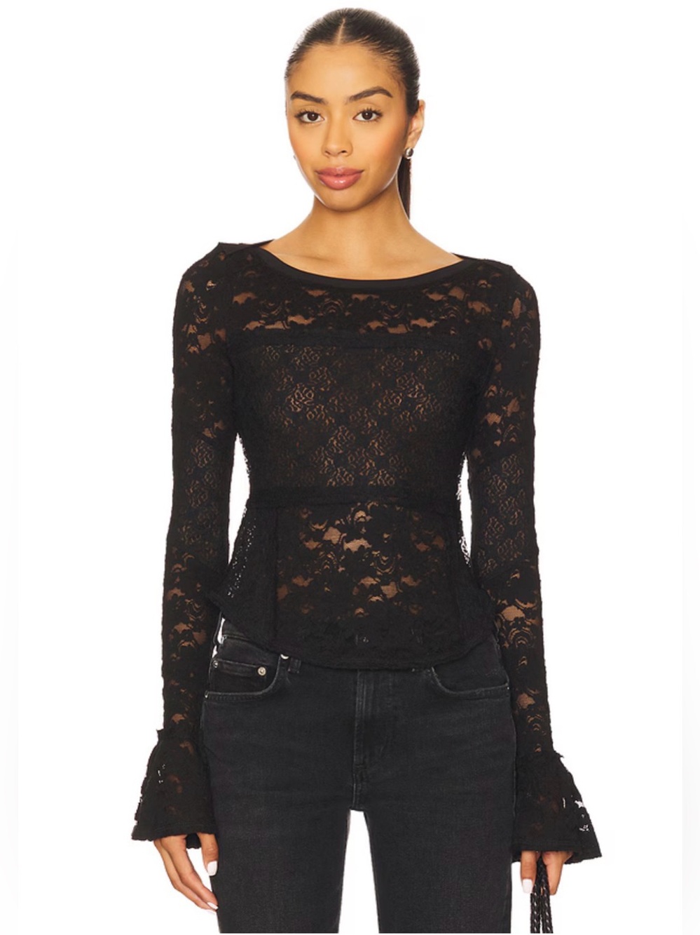 NWT FREE PEOPLE Black Long Bell Sleeve Lace Top Size Medium